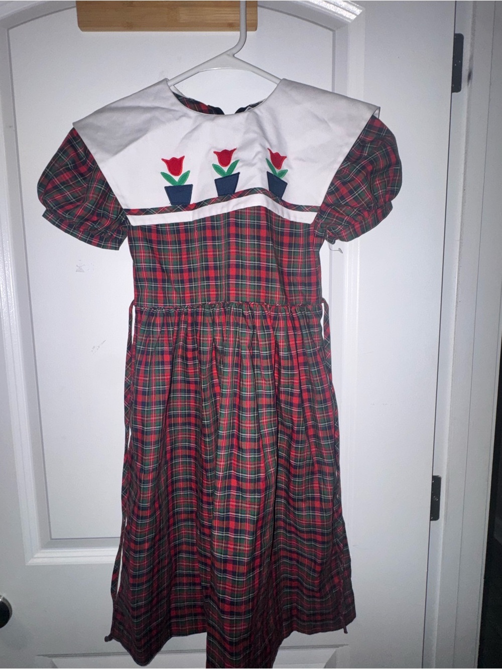 Melissa Jackson Girl’s Red and Green Plaid Tulip Dress with White Sailor Collar
